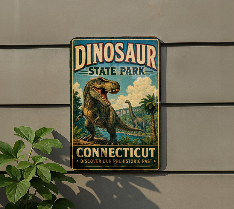 A vintage-style sign for Dinosaur State Park in Connecticut, featuring a large illustration of a T-Rex dinosaur in a lush, prehistoric landscape.