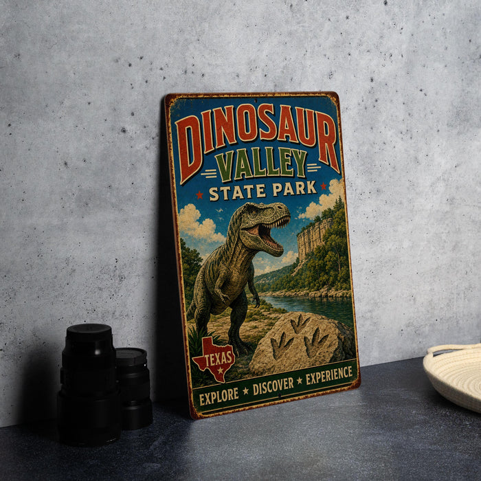 A vintage-style metal sign for Dinosaur Valley State Park, featuring a large illustration of a T-Rex dinosaur and the text "DINOSAUR VALLEY STATE PARK" in a colorful, retro design.