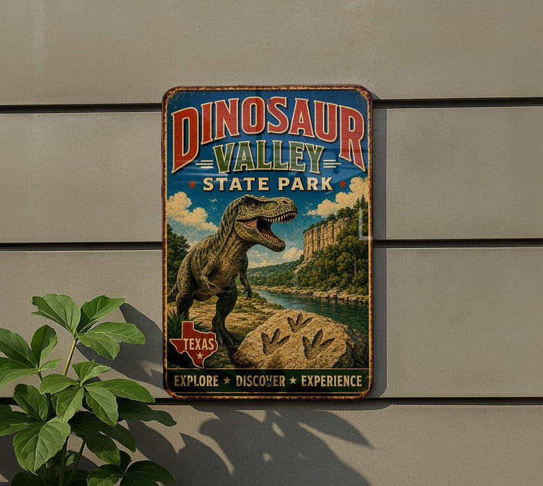A vintage-style metal sign for Dinosaur Valley State Park, featuring a large illustration of a T-Rex dinosaur and a scenic landscape.