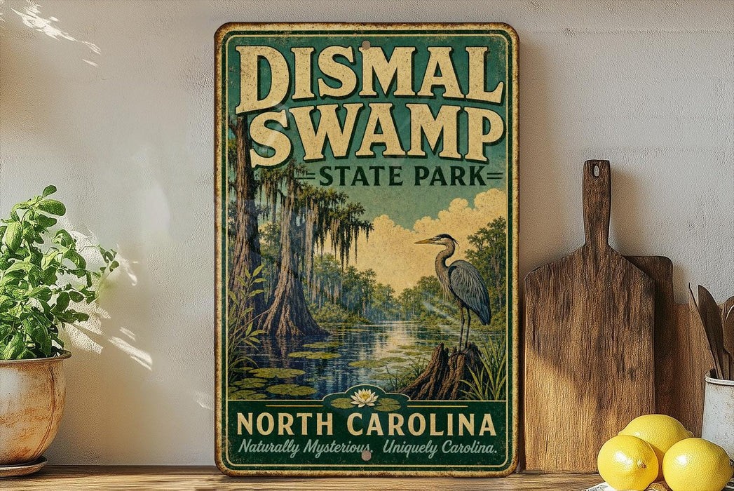 a vintage-style sign for DisMAL SWAMP STATE PARK in North Carolina, with a bird illustration and a natural landscape.