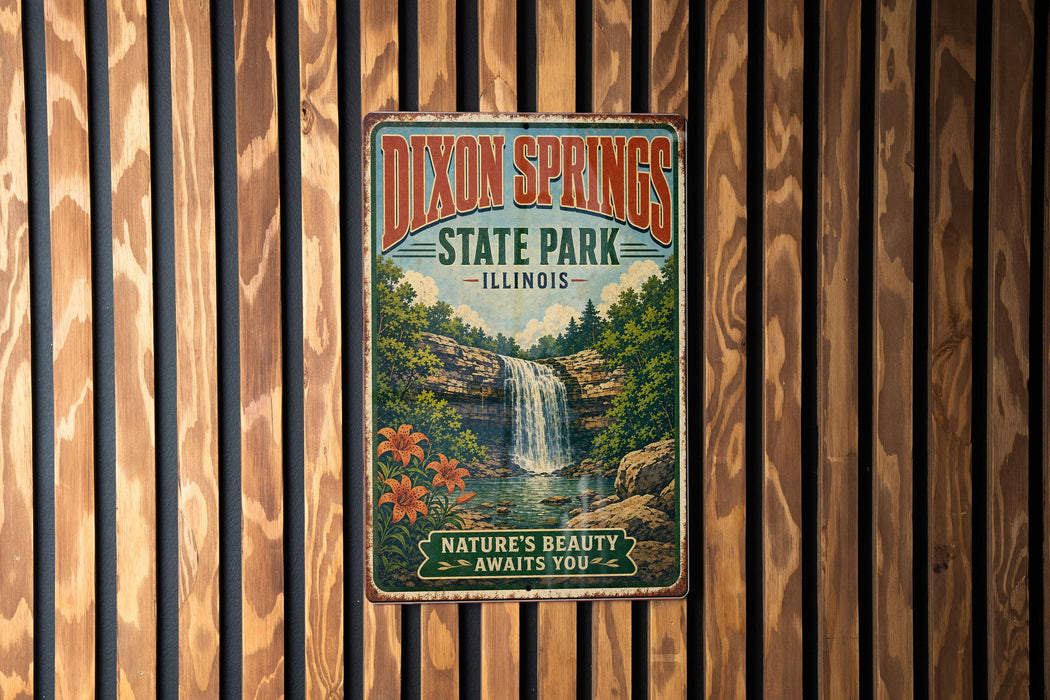 A vintage metal sign for Dixon Springs State Park in Illinois, featuring a waterfall and lush greenery.