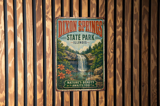 A vintage metal sign for Dixon Springs State Park in Illinois, featuring a waterfall and lush greenery.