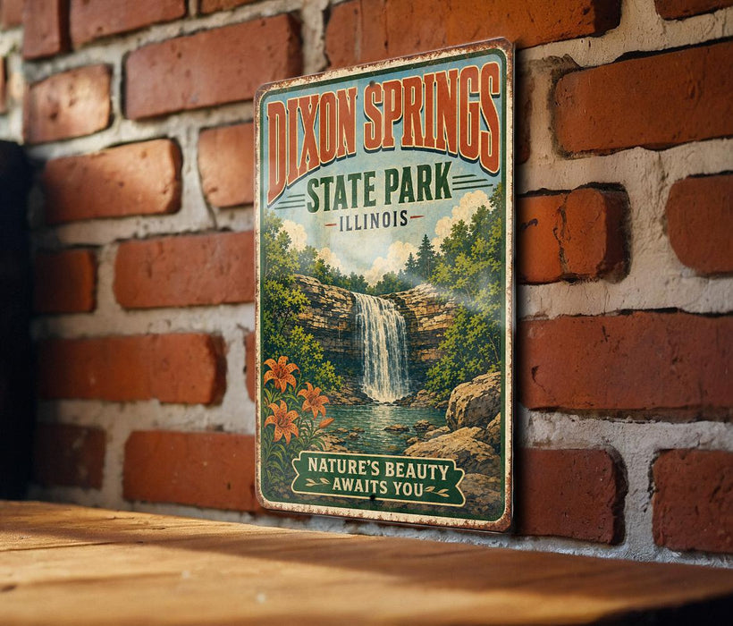 A vintage metal sign for Dixon Springs State Park in Illinois, featuring a waterfall and lush greenery, is displayed on a brick wall.