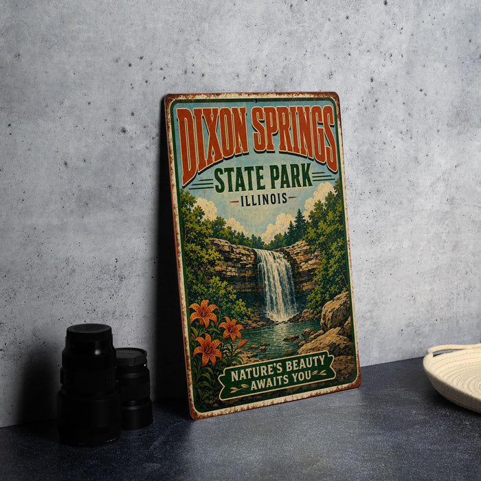 A vintage metal sign for Dixon Springs State Park in Illinois, featuring a waterfall and lush greenery, is displayed on a gray countertop next to a stack of black camera lenses.