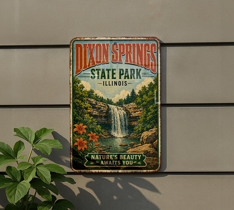 A vintage metal sign for Dixon Springs State Park in Illinois, featuring a waterfall and lush greenery.
