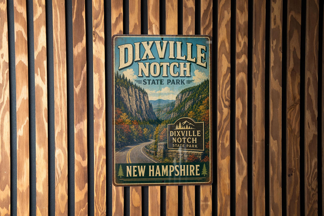 A vintage metal sign for Dixville Notch State Park in New Hampshire, featuring a scenic mountain landscape.