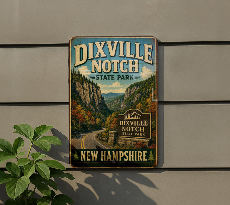 A vintage-style metal sign for Dixville Notch State Park in New Hampshire, featuring a scenic mountain landscape.