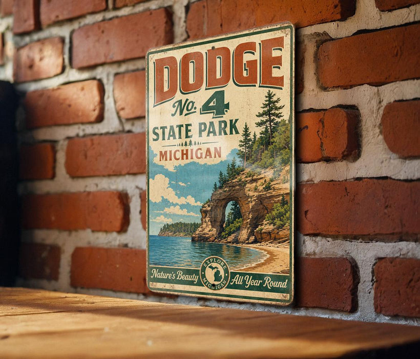 A vintage Dodge sign for No. 4 State Park in Michigan, featuring a scenic landscape with a lake and mountains.