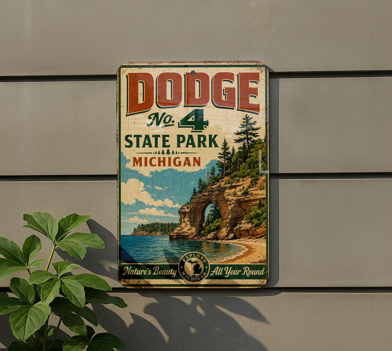 A vintage Dodge sign for State Park Michigan, featuring a scenic image of a cliff overlooking a lake.