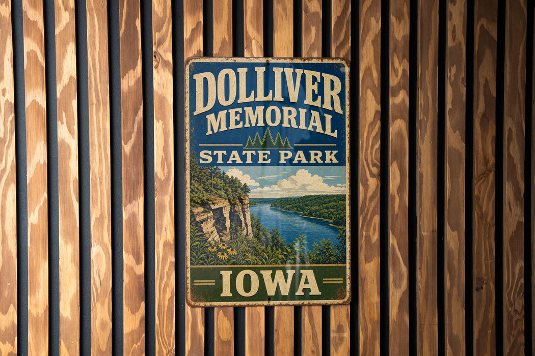 A vintage metal sign for Dolliver Memorial State Park in Iowa, featuring a scenic landscape with a river and mountains.