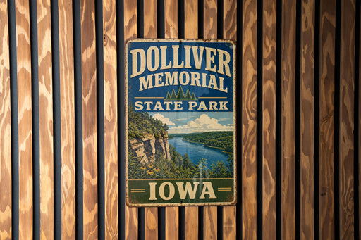 A vintage metal sign for Dolliver Memorial State Park in Iowa, featuring a scenic landscape with a river and mountains.