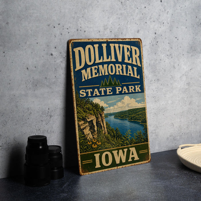 A vintage-style sign for Dolliver Memorial State Park in Iowa, featuring a scenic landscape with a river and mountains.