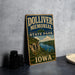 A vintage-style sign for Dolliver Memorial State Park in Iowa, featuring a scenic landscape with a river and mountains.