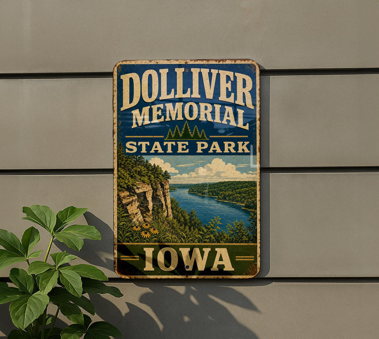 A vintage-style sign for the Dolliver Memorial State Park in Iowa, featuring a scenic landscape with a river and mountains.