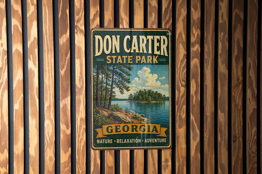 A vintage-style metal sign for Don Carter State Park in Georgia, featuring a scenic landscape with a lake and trees.