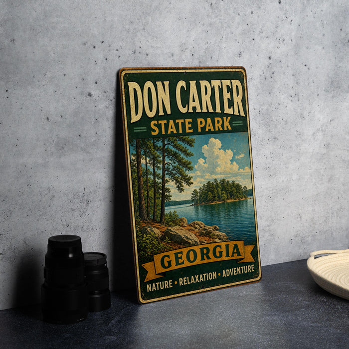 A vintage-style metal sign for Don Carter State Park in Georgia, featuring a scenic landscape with pine trees, a lake, and mountains.