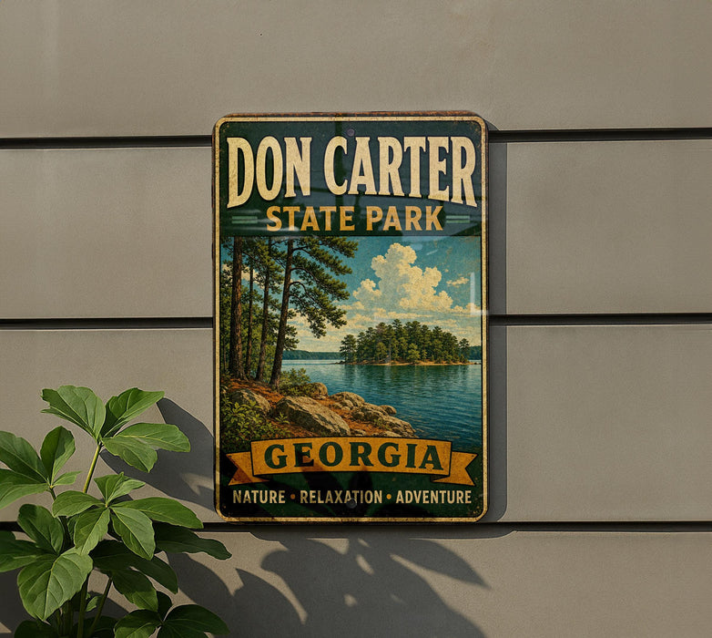 A vintage-style metal sign for Don Carter State Park in Georgia, featuring a scenic landscape with a lake and trees.