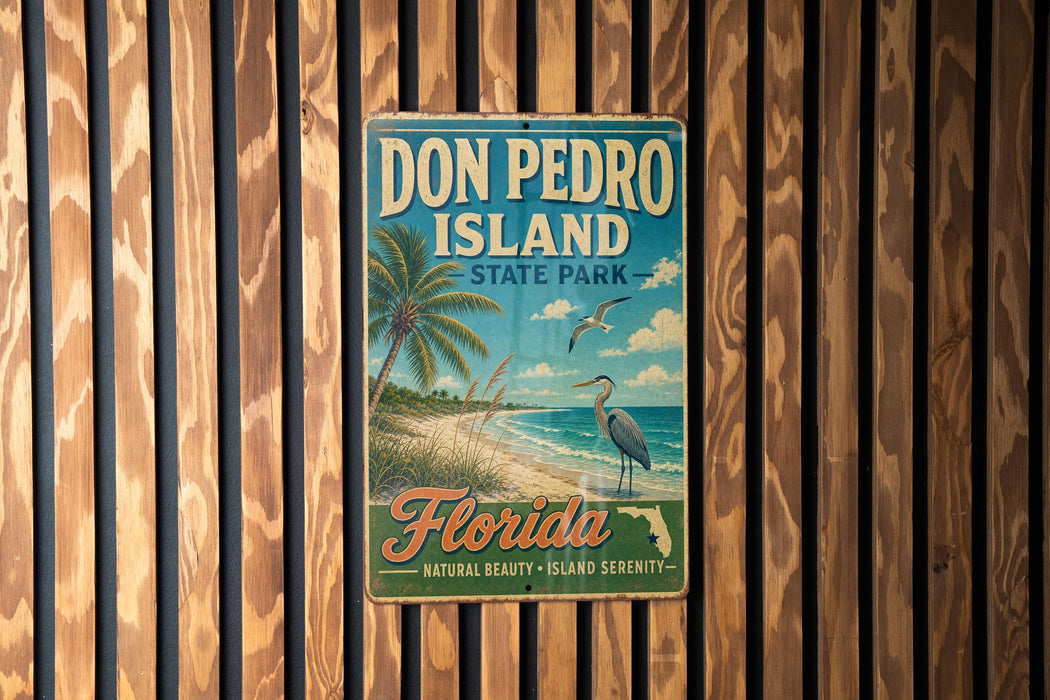 A vintage-style sign for Don Pedro Island, Florida, featuring a palm tree, beach, and a bird, is displayed on a wooden wall.