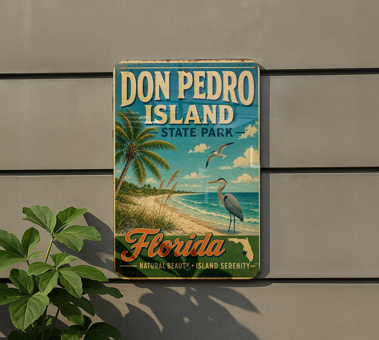 A vintage-style sign for Don Pedro Island, Florida, featuring palm trees, a beach, and a bird, mounted on a wall.