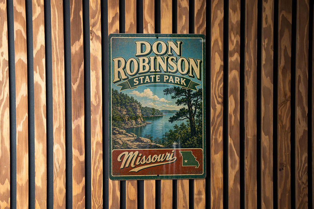A vintage-style metal sign for Don Robinson State Park in Missouri, featuring a scenic landscape with a lake and mountains.