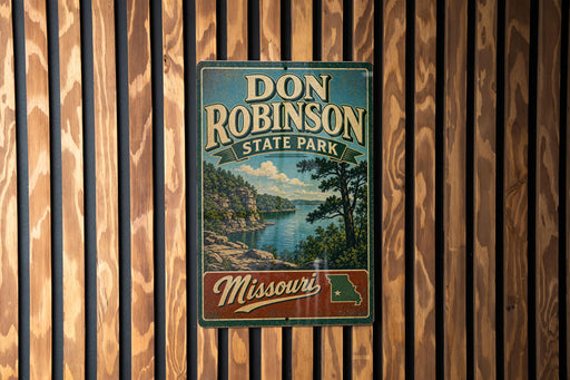 A vintage-style metal sign for Don Robinson State Park in Missouri, featuring a scenic landscape with a lake and mountains.