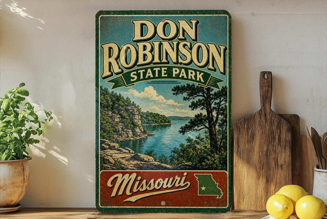 A vintage-style sign for Don Robinson State Park in Missouri, featuring a scenic landscape with a lake and mountains.