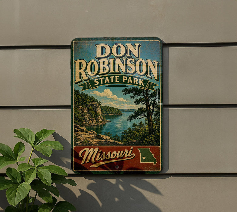 A vintage-style sign for Don Robinson State Park in Missouri, featuring a scenic landscape with a lake and mountains.