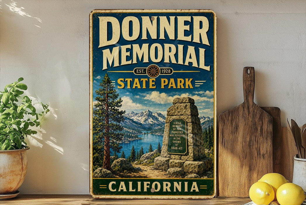 a vintage-style sign for Donner Memorial State Park in California, with a scenic landscape of mountains, pine trees, and a lake in the background.