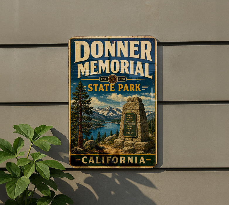 A vintage metal sign for Donner Memorial State Park in California, featuring a scenic landscape with mountains, trees, and a monument.