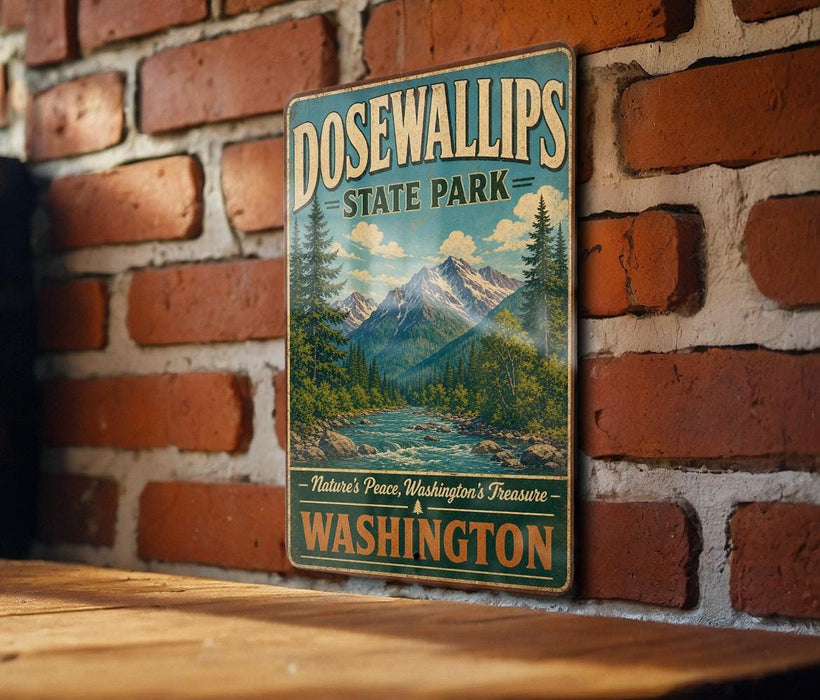 A vintage metal sign for Dosewallips State Park in Washington, featuring a scenic mountain landscape and a river.