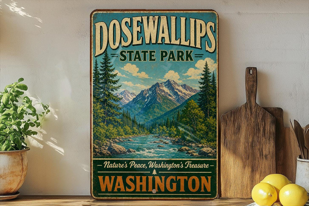 a vintage-style sign for Dosewallips State Park, with a scenic mountain landscape and a river in the background. The sign is displayed on a shelf next to a wooden cutting board and some potted plants.