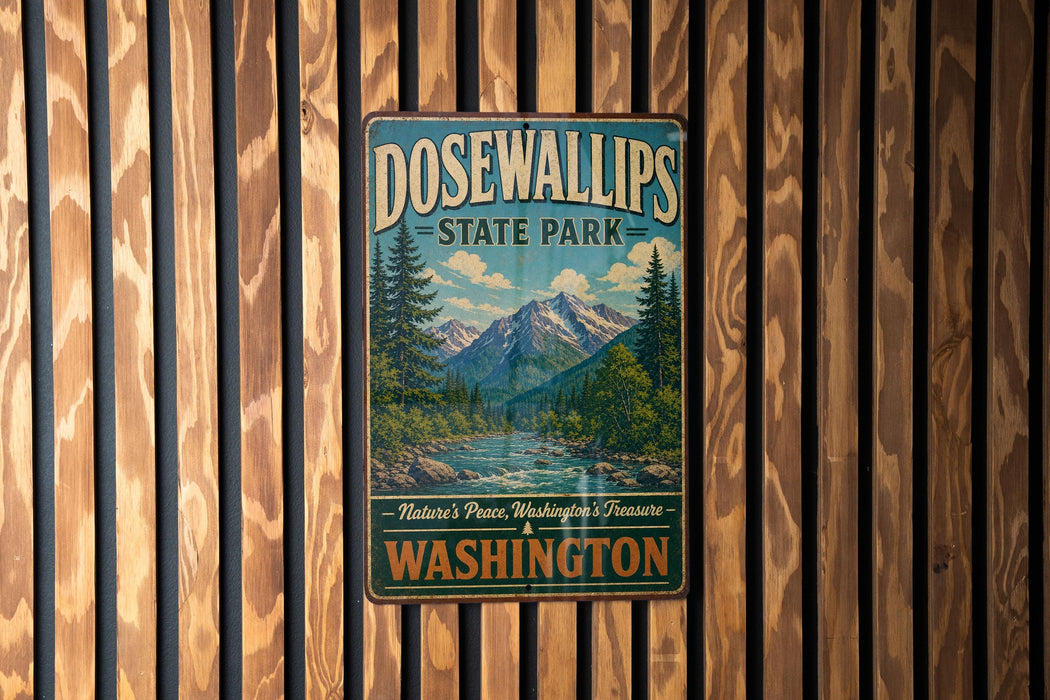 A vintage metal sign for Dosewallips State Park in Washington, featuring a scenic mountain landscape.