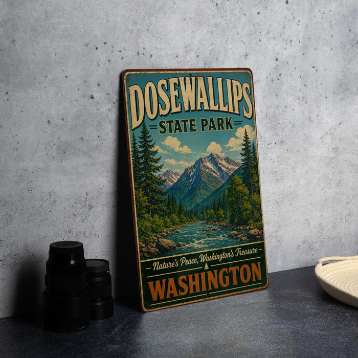 A vintage-style metal sign for Dosewallips State Park in Washington, featuring a scenic mountain landscape.