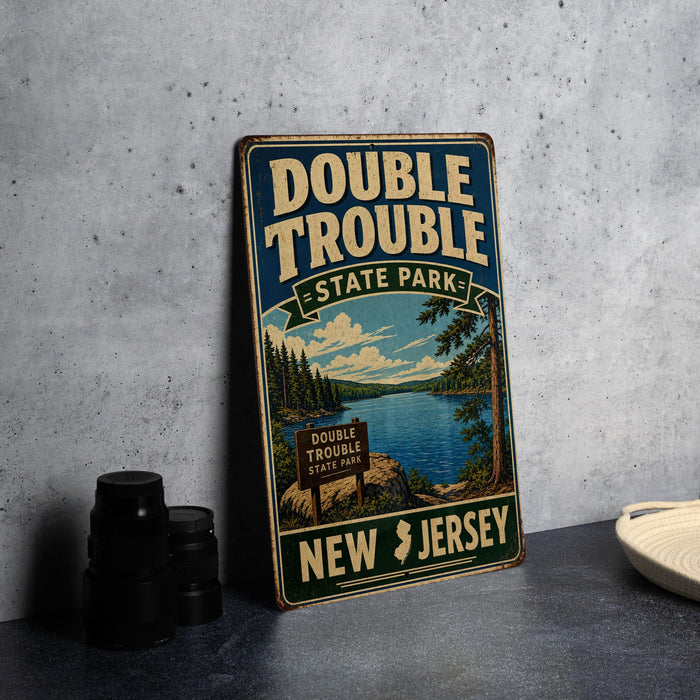 A vintage-style metal sign for Double Trouble State Park in New Jersey, featuring a scenic landscape with a lake and pine trees.