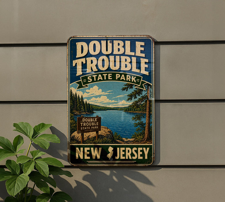 A vintage metal sign for Double Trouble State Park in New Jersey, featuring a scenic landscape with a lake and pine trees.