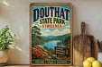 A vintage-style sign for Douthat State Park, Virginia, featuring a scenic landscape with mountains, a river, and pine trees.