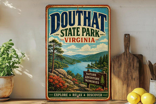 A vintage-style sign for Douthat State Park, Virginia, featuring a scenic landscape with mountains, a river, and pine trees.