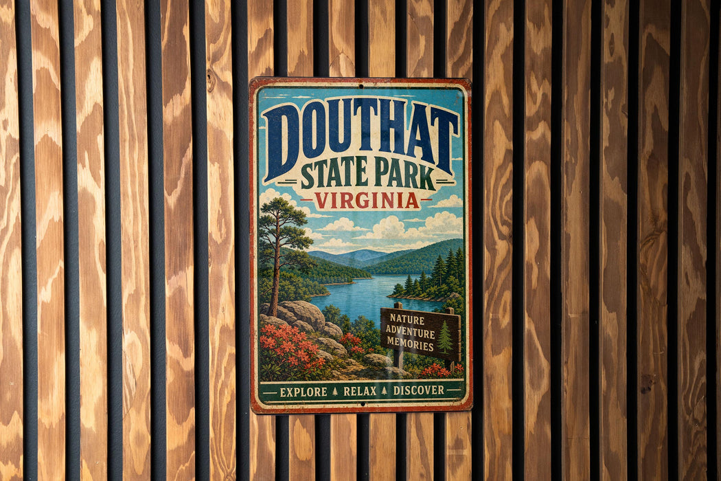 A vintage metal sign for Douthat State Park, Virginia, featuring a scenic landscape with a lake, mountains, and trees.