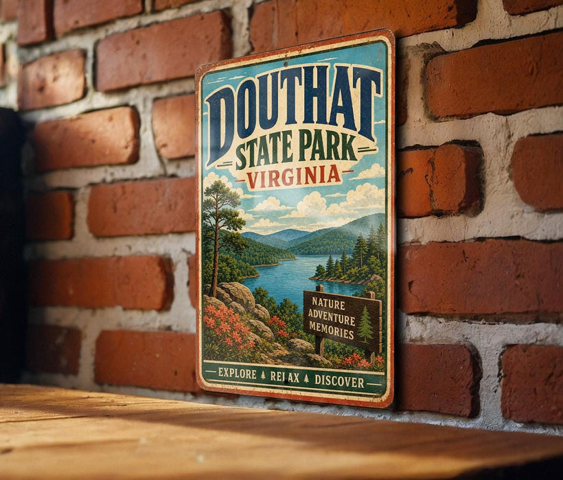 A vintage-style metal sign for Douthat State Park, Virginia, featuring a scenic landscape with mountains, a lake, and a sign that says "Nature Adventure Memories".