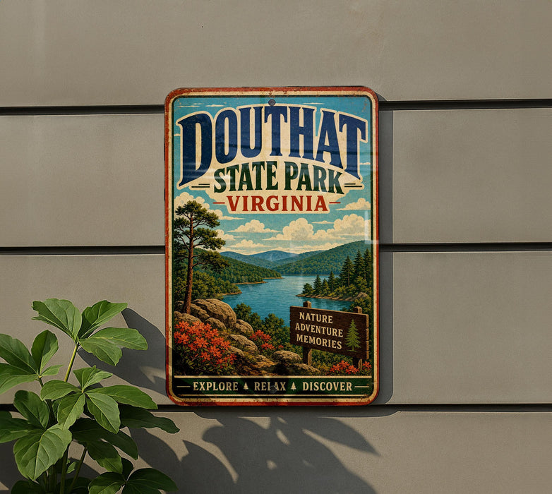 A vintage-style metal sign for Douthat State Park, Virginia, featuring a scenic landscape with a lake, mountains, and trees.