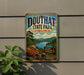 A vintage-style metal sign for Douthat State Park, Virginia, featuring a scenic landscape with a lake, mountains, and trees.