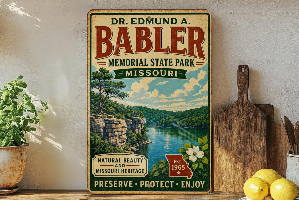 a vintage-style metal sign for Dr. Edmund A. Babler Memorial State Park in Missouri, with a scenic landscape of a river and mountains in the background.