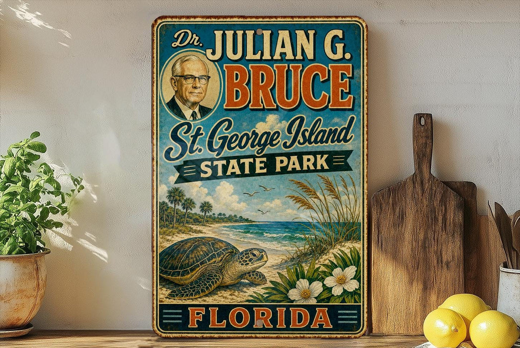 A vintage-style sign for St. George Island, Florida, featuring a portrait of a man and an illustration of a beach scene with a turtle and palm trees.