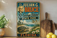 A vintage-style sign for St. George Island, Florida, featuring a portrait of a man and an illustration of a beach scene with a turtle and palm trees.