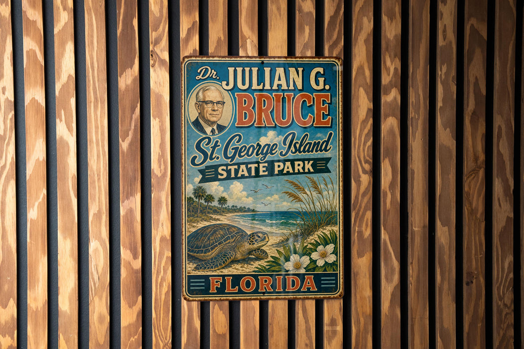 A vintage-style metal sign for St. George Island, Florida, featuring a portrait of a man and a scenic landscape.