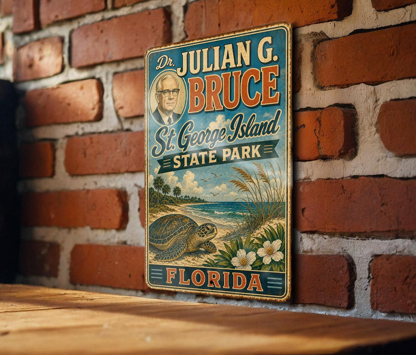 A vintage-style metal sign with the name "Dr. Julian G. Bruce" and the location "St. George Island, Florida" displayed on it, hanging on a brick wall.