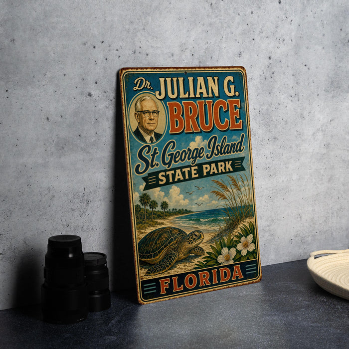 A vintage-style metal sign for St. George Island, Florida, featuring a portrait of a man and a beach scene.