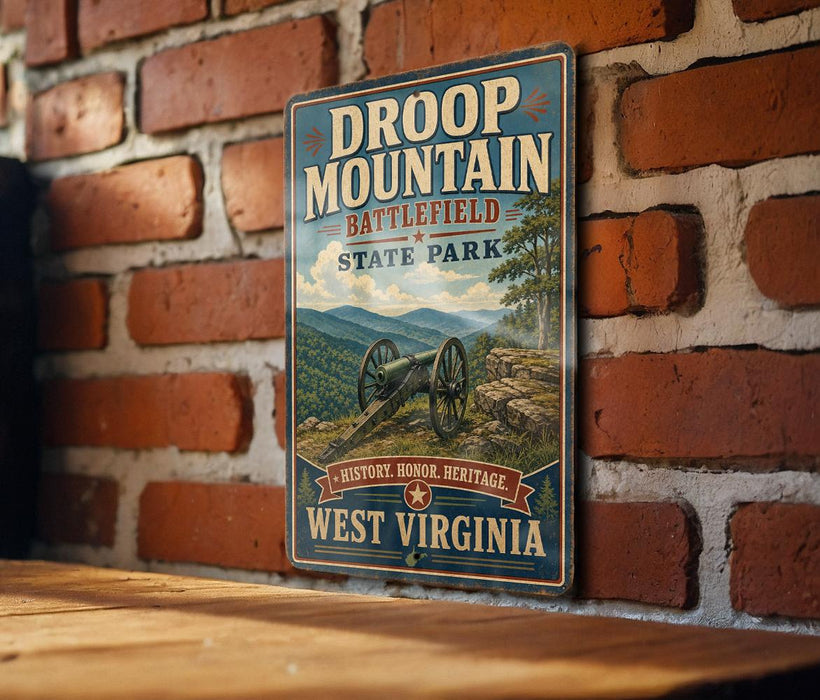 A vintage-style metal sign for Droop Mountain Battlefield State Park in West Virginia, featuring a cannon and a scenic mountain landscape.