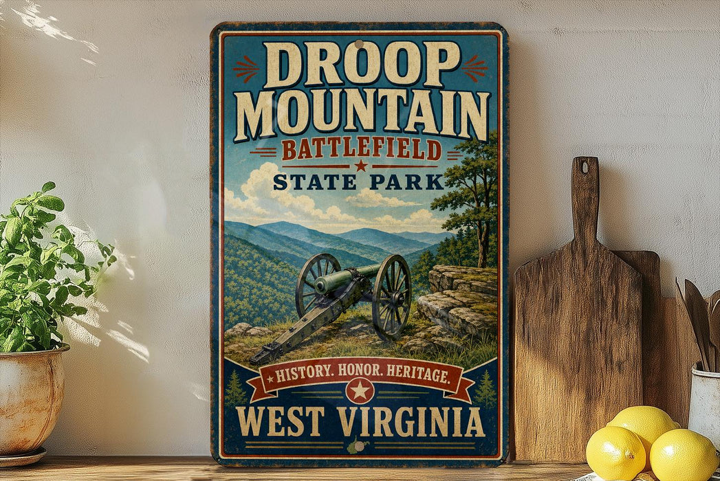 a vintage-style sign for Droop Mountain Battlefield State Park in West Virginia, with a cannon and mountains in the background.
