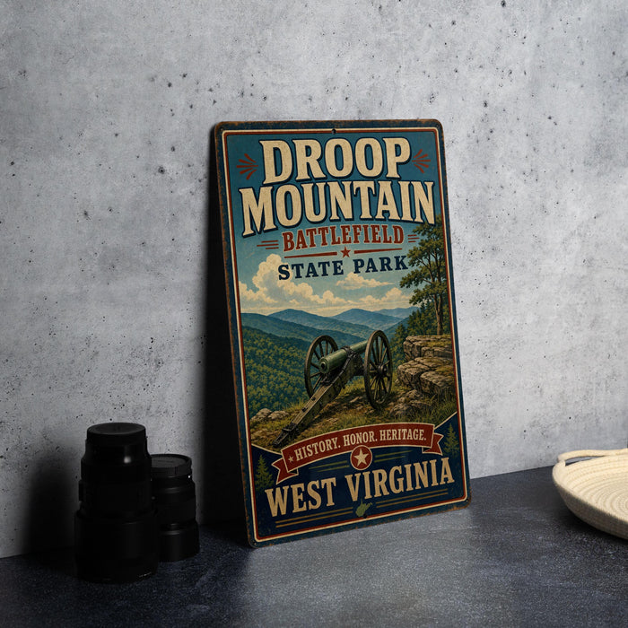 A vintage-style metal sign for Droop Mountain Battlefield State Park in West Virginia, featuring a cannon and a scenic landscape.